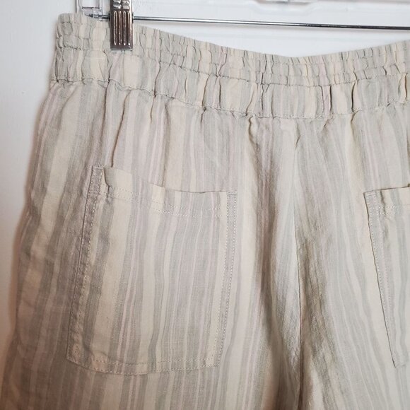 By Anthropologie Striped Linen Shorts Medium Elastic Waist Pull On Neutral - Picture 9 of 10